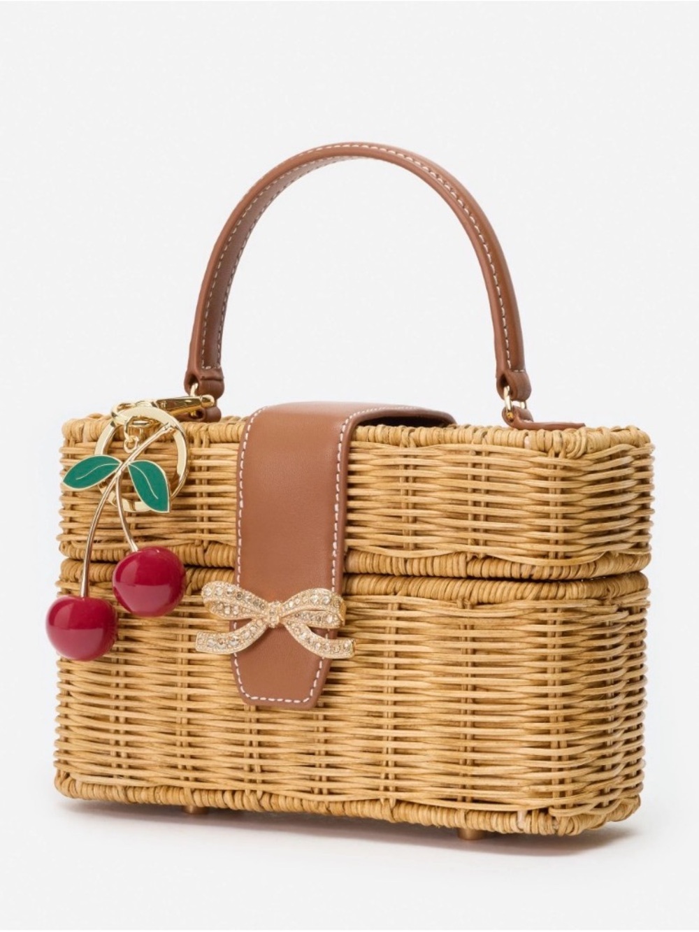 Self-Portrait Tan Rattan Top-Handle Bag with Red Cherry Charm - Picture 4 of 10